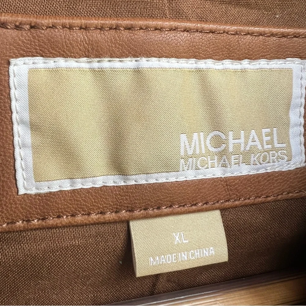 Michael Kors Women’s Brown Leather Hooded Moto Full Zip Jacket, XL - Picture 6 of 10